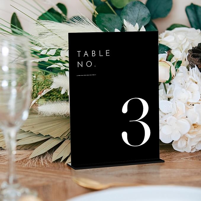JINMURY Wedding Black Table Numbers 1-15 with Stands, 5"x7" Black Acrylic Table Numbers with White Font for Wedding Party Reception (1-15, 5"x7")
