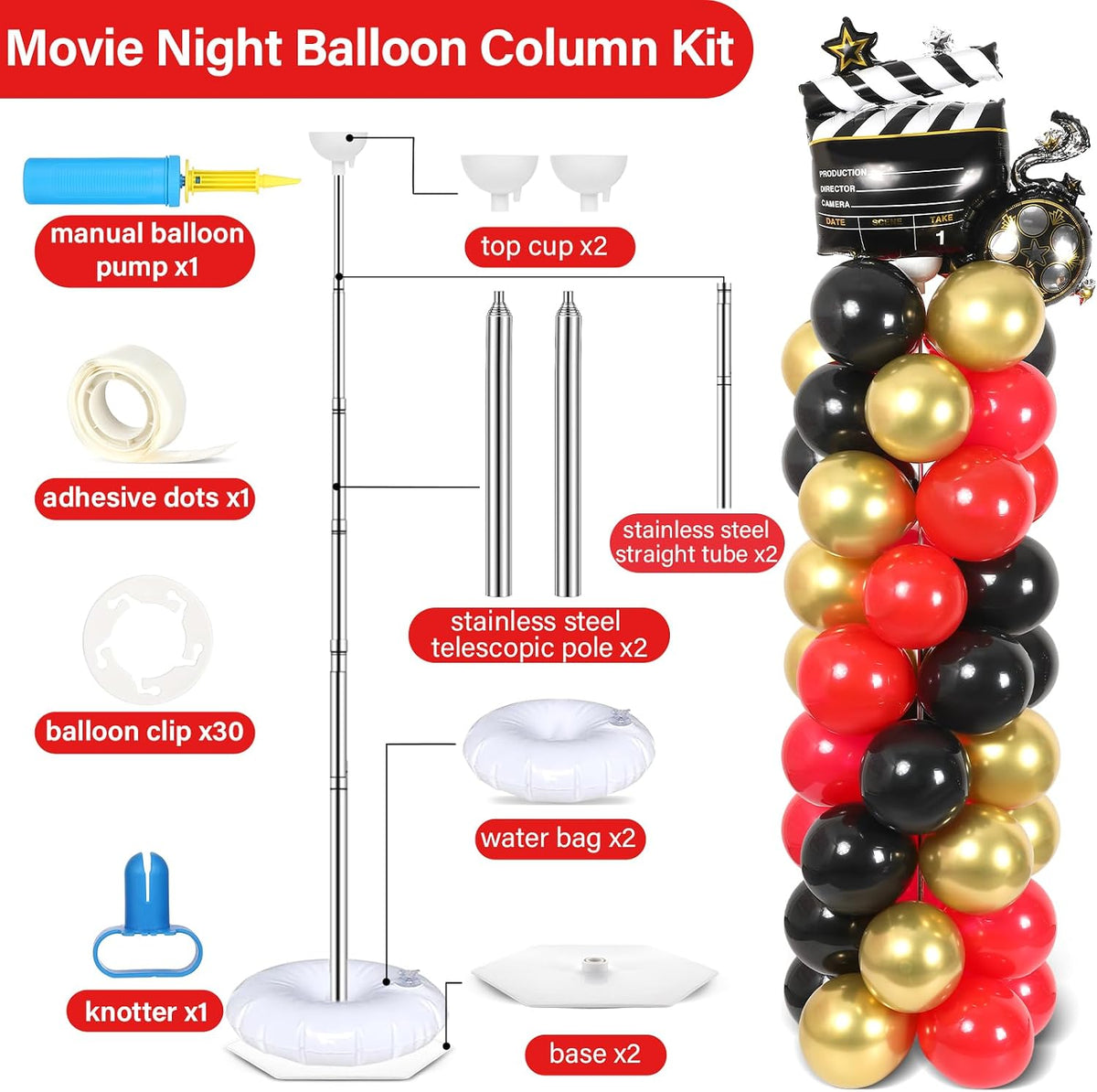2 Set Movie Night Balloon Column Stand Kit Adjustable Popcorn Balloon Decor