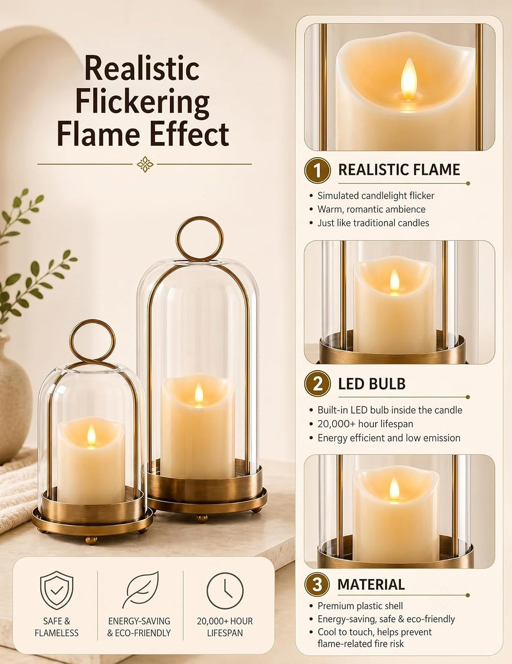 Brass Candle Holder Set of 2, Hurricane Glass Candle Holders with Flameless C...