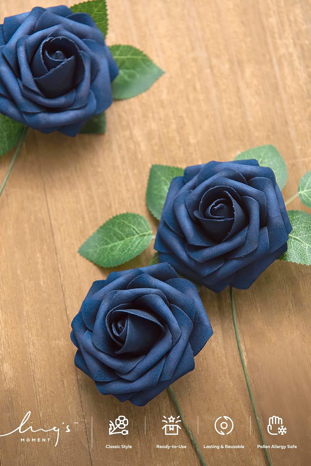 Ling's moment Artificial Flowers 50Pcs Navy Blue Roses Decor w/Stems
