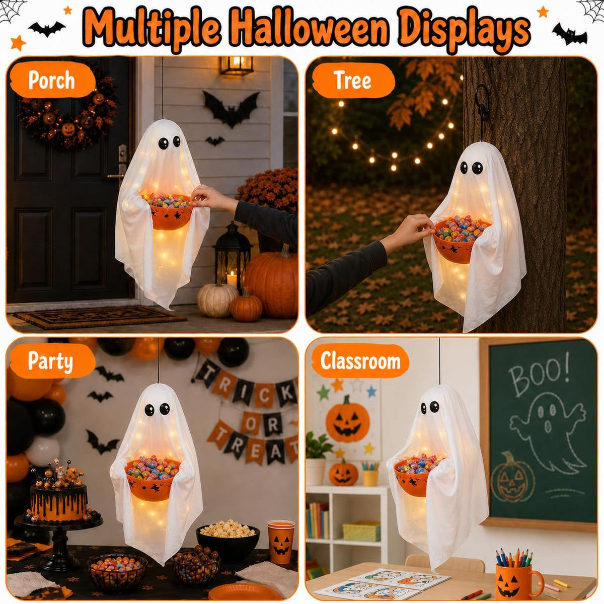 UQJE Hanging Ghost Candy Bowl, Lighted Halloween Treat Holder
