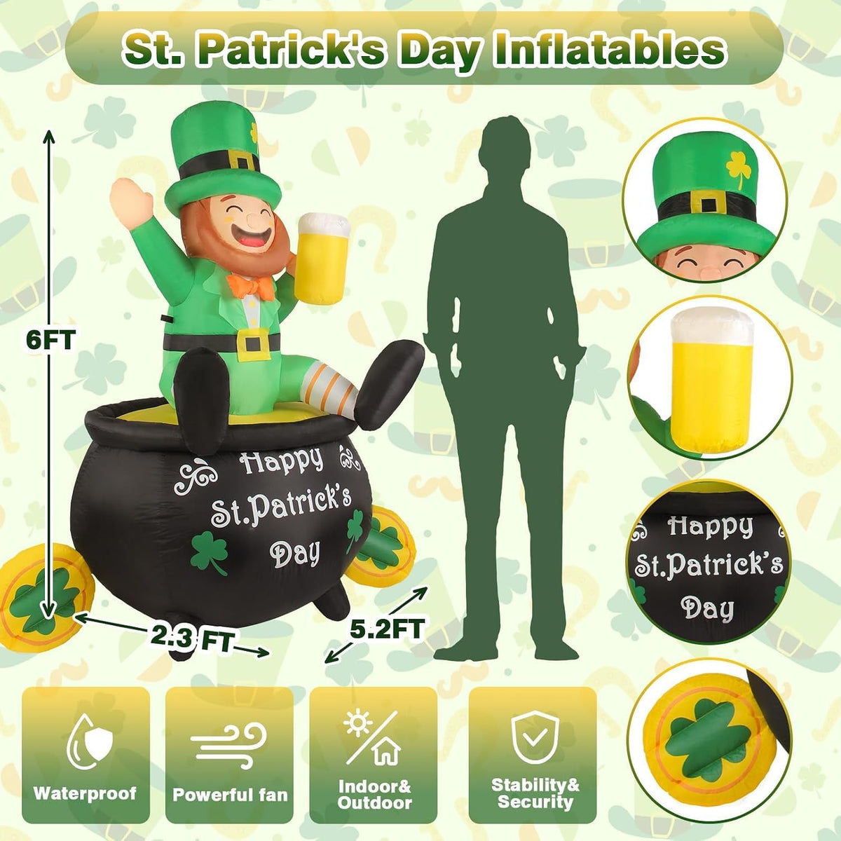 st. patrick's day inflatable outdoor yard decorations 6ft shown in use