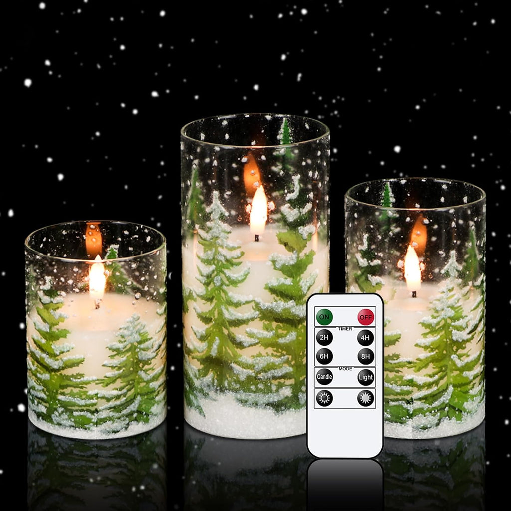 glass flameless christmas tree pillar candles with remote, front angle view