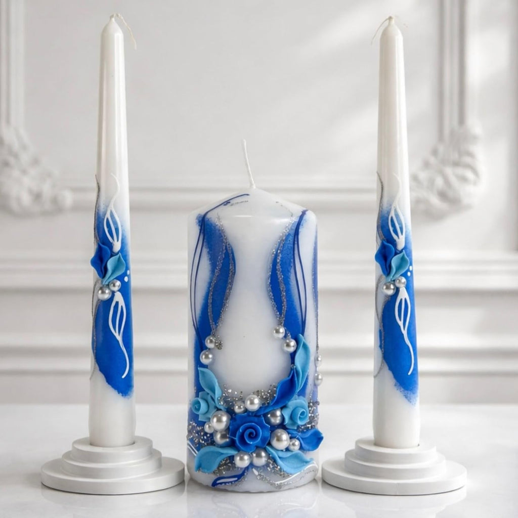 Unity Candle Set - Wedding Ceremony & Reception – 6” Pillar & Two 10” Taper Candles – Long Burning Unity Candles for Marriage Ritual – Handmade in USA - Royal | Blue
