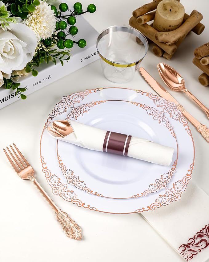 Goodluck 350 Piece Rose Gold Plastic Dinnerware Set for 50 Guests,Fancy Disposable Plates,Include: 100 Rose Gold Rim Plastic Plates,150 Silverwares,50 Pre Rolled Napkins,50 Cups for Party,Wedding