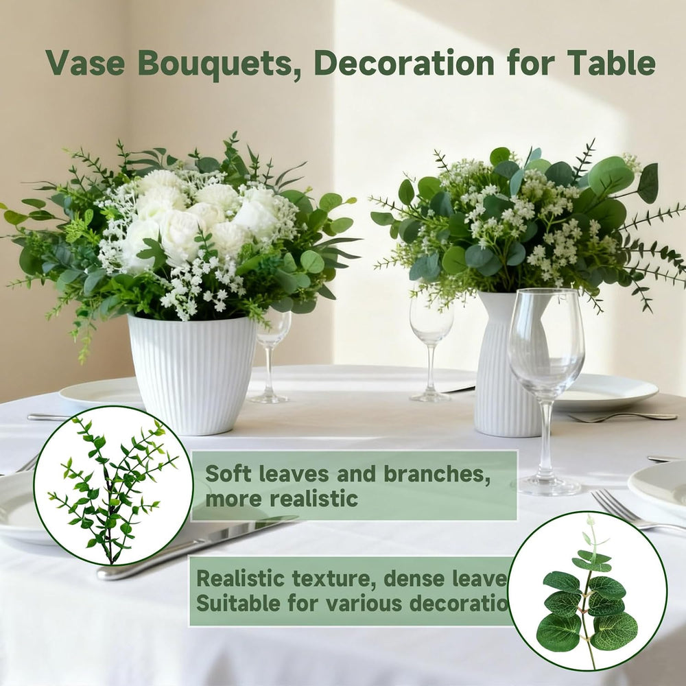 150 Pcs 10 Kinds Artificial Greenery Stems Bulk with Flowers Fake Eucalyptus ...