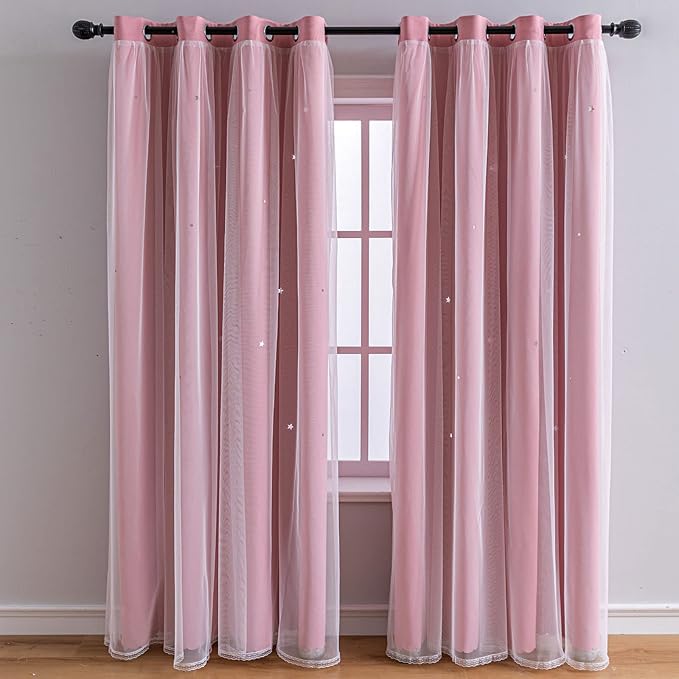 FANLI 2 Panels Star Blackout Curtains for Kid Girls Bedroom Living Room Darking Stripe Double Layer Star Cut Out Wall Home Decor Gradient Grommet Window Curtains (Pink 72L)