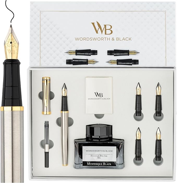 Wordsworth & Black Fountain Pen Gift Set, Includes Ink Bottle, 6 Ink Cartridges, Refill Converter, 4 Replacement Nibs, Premium Package, Journaling, Calligraphy, Smooth Writing Pens [Silver Gold]