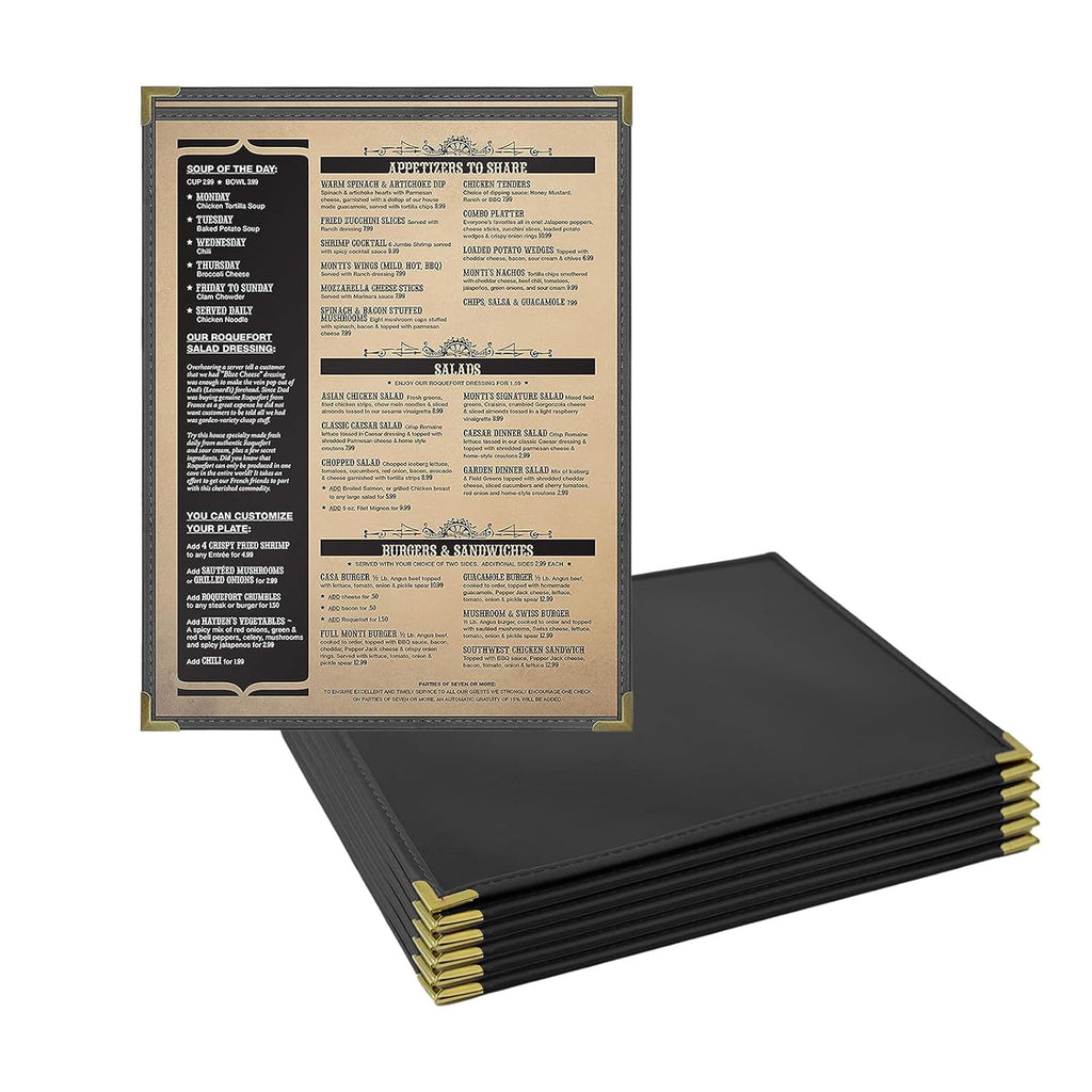 Goodsmart Pajco Style Restaurant Menu Covers – Pack of 10, Side-Loading Menu Holders, Single Stitched Edge, Clear Vinyl Menu Sleeves, Leatherette Trim, Gold Corners, Black, 1 View (8.5" x 11")