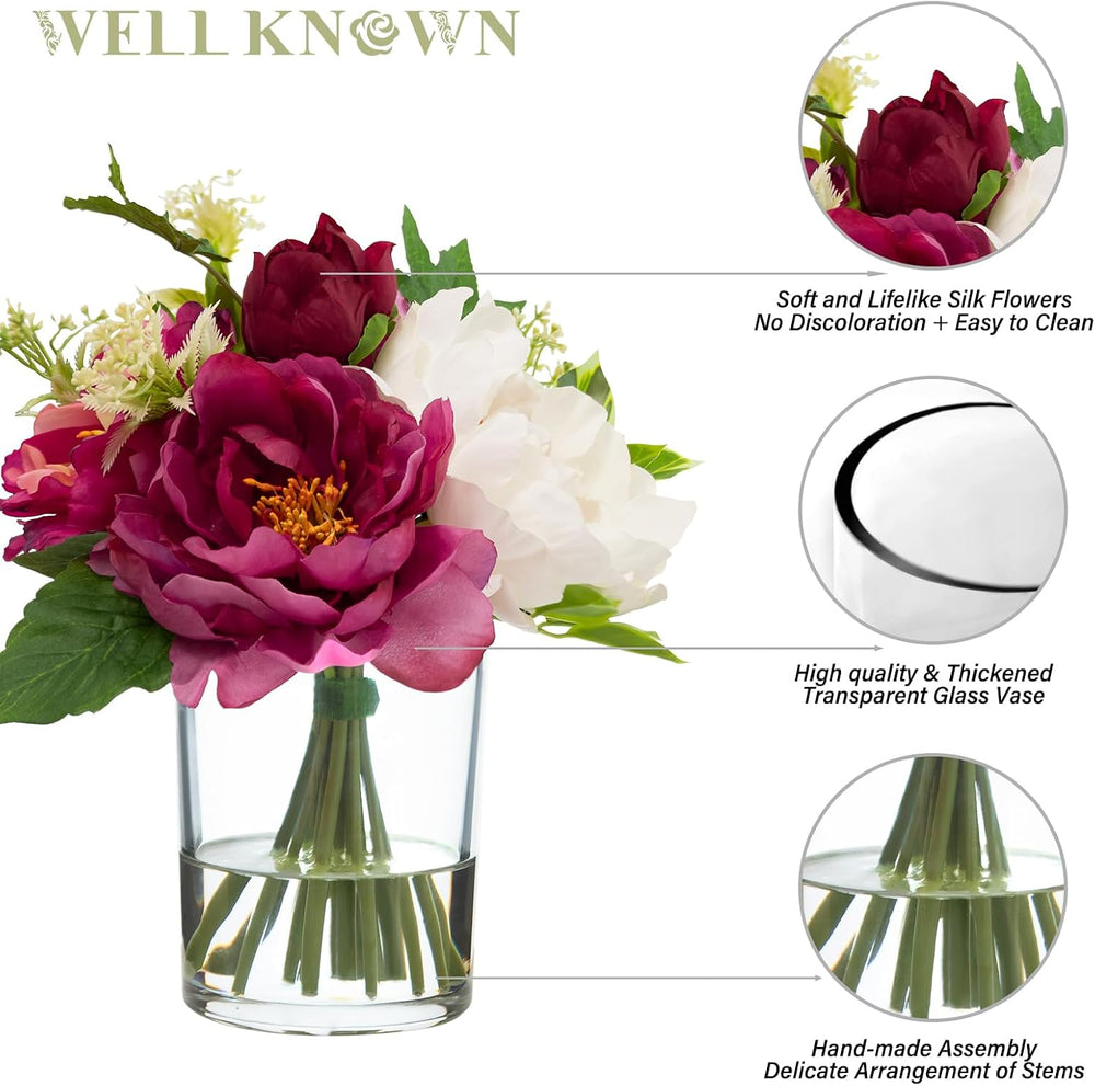 WELL KNOWN Artificial Flowers in Glass Vase with Fake Water, Silk Peony Flowe...