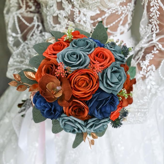 Artificial Flowers Combo for DIY Wedding Bouquets Combo Centerpieces Arrangements Party Bridal Baby Shower Home Decorations-Teal&Terracotta