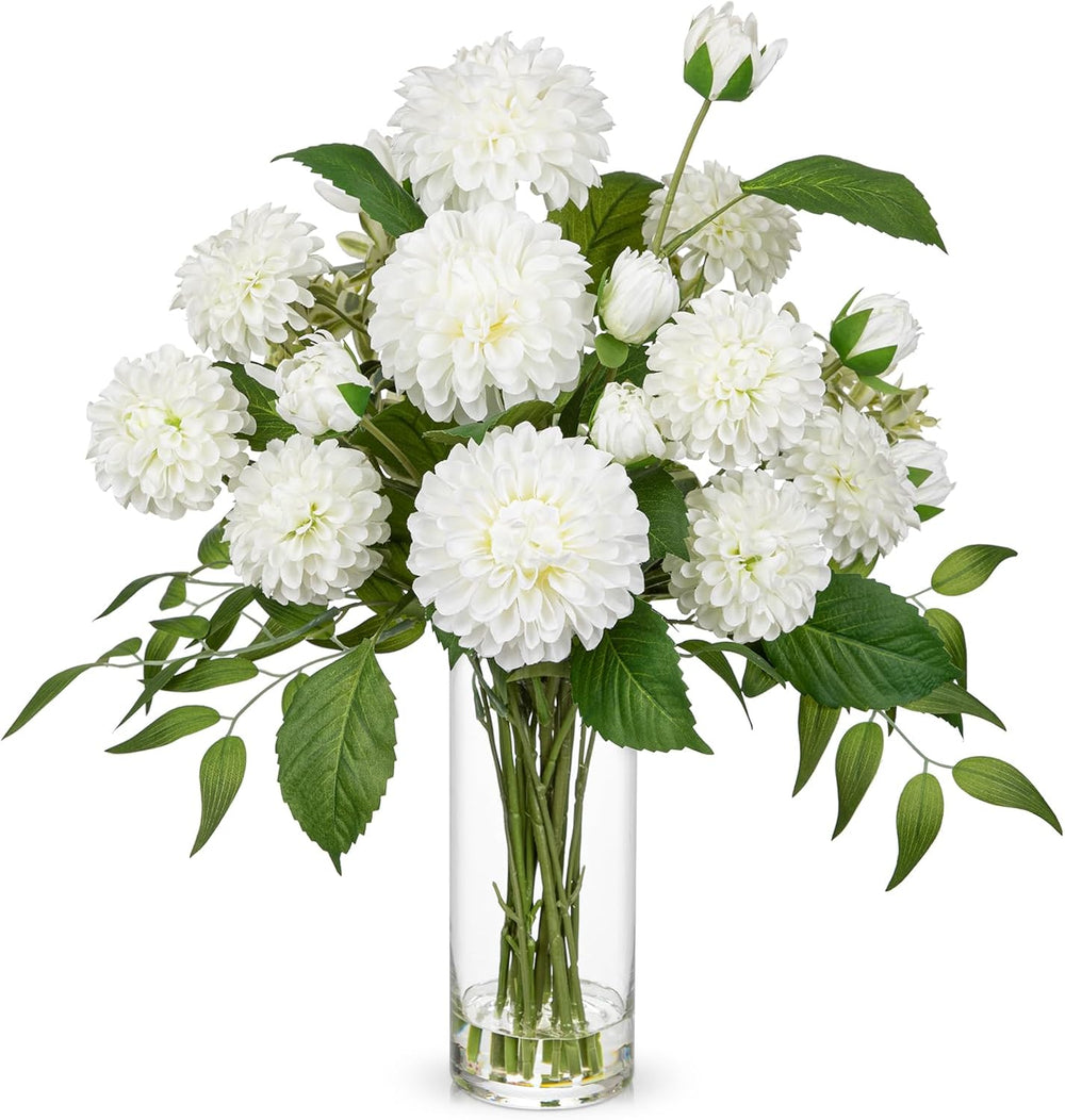Hollyone White Fake Flowers in Vase Dahlia Artificial Flowers in Glass Vase w...