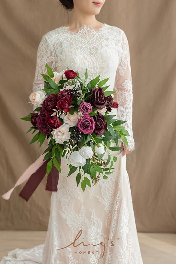 Ling's moment Burgundy Bridal Bouquet Cascading, Marsala Wedding Bouquets for Bride, 13 Inch Bride Bouquets for Wedding Artificial Flowers Bouquets