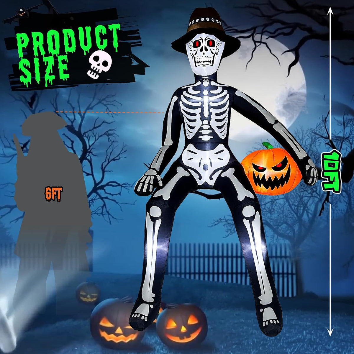 10ft scary halloween inflatables outdoor, giant sitting skeleton shown in use