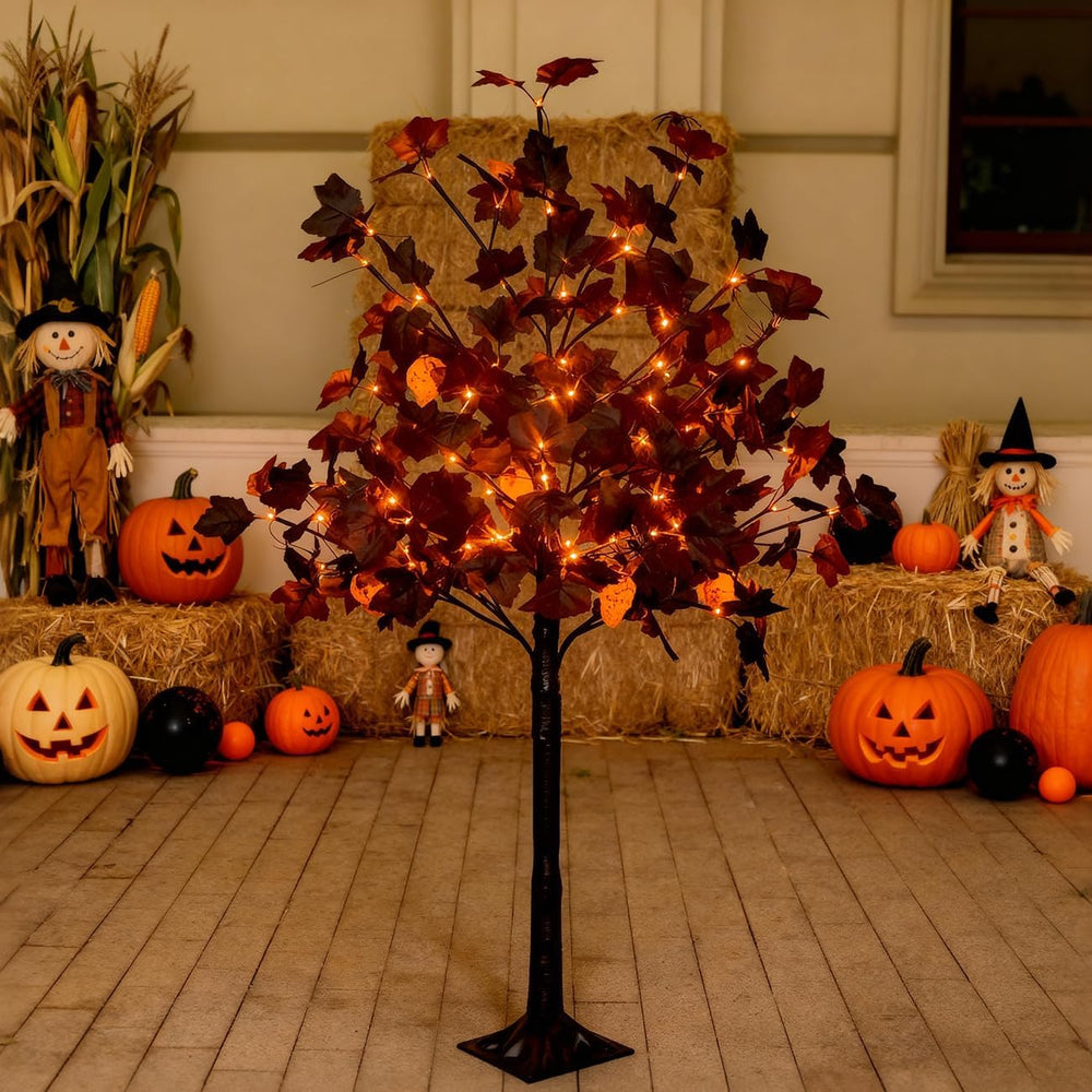 4ft Black Maple Halloween Tree with LED Skull Lights & Spiders