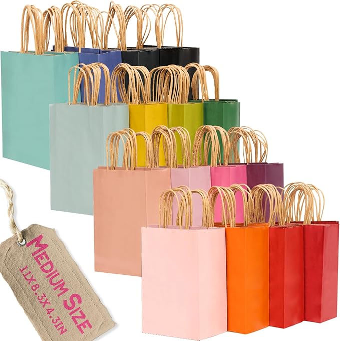 qiqee 100Pcs Medium Size Paper Gift Bags with Handles - 11"x8.3"x4.3" Kraft Small Party Bags - 16 Solid Colors
