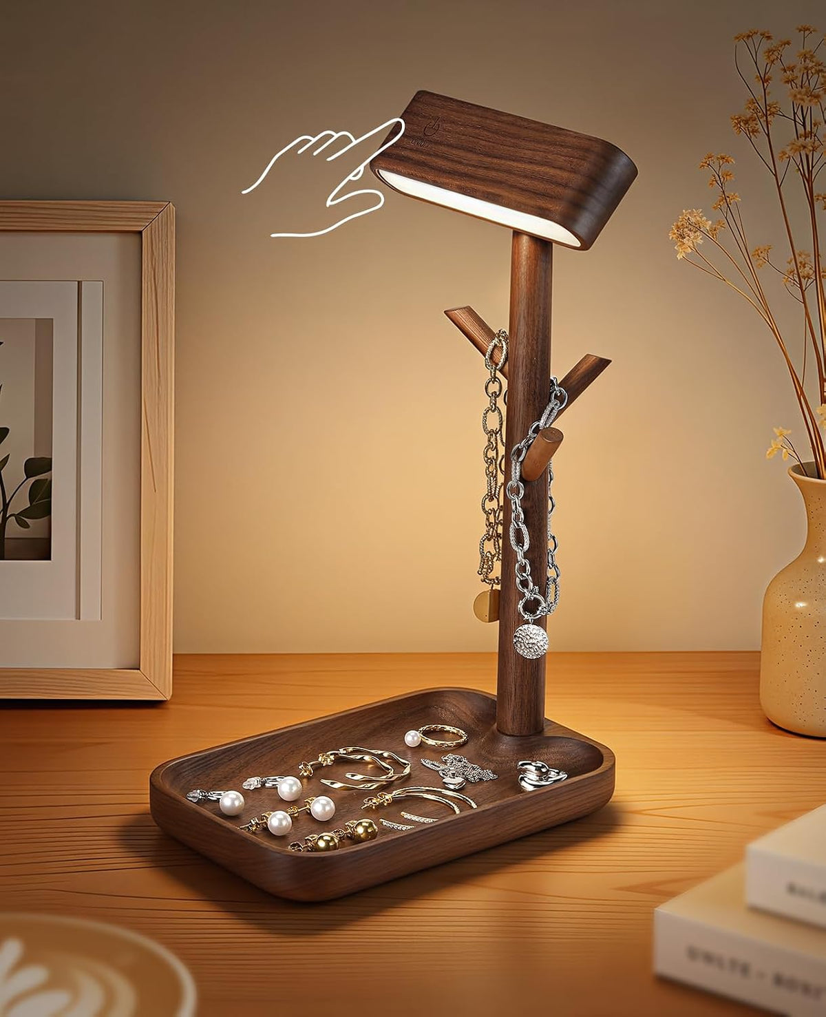 Rechargeable Table Lamp, Unique Wooden Bedside Lamp with Tray