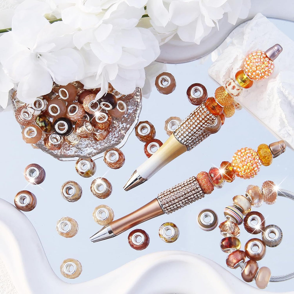 500 Pieces Large Hole Beads, Assorted European Craft Beads Brown Big Hole Fai...