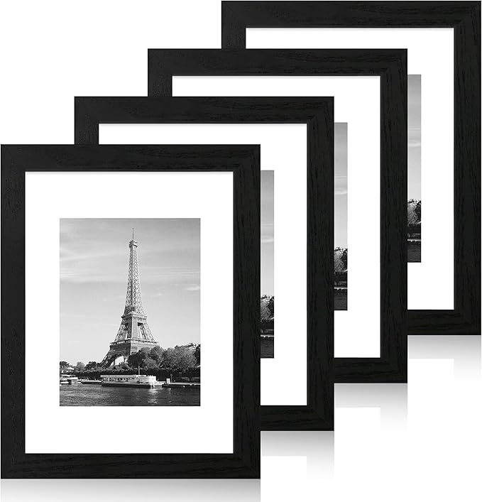 9x12 Picture Frame Set of 4 with Tempered Glass, Black Frames Display 6x8 Picture with Mat or 9 x 12 Without Mat, Wood Photo Frames for Tabletop Display and Wall Mounting
