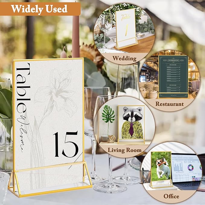 Floroom 12 Pack 4x6 Inch Clear Acrylic Sign Holders, Double-Sided Gold Display Stand Picture Frames for Table Numbers, Menus, Flyers, Weddings, and Offices