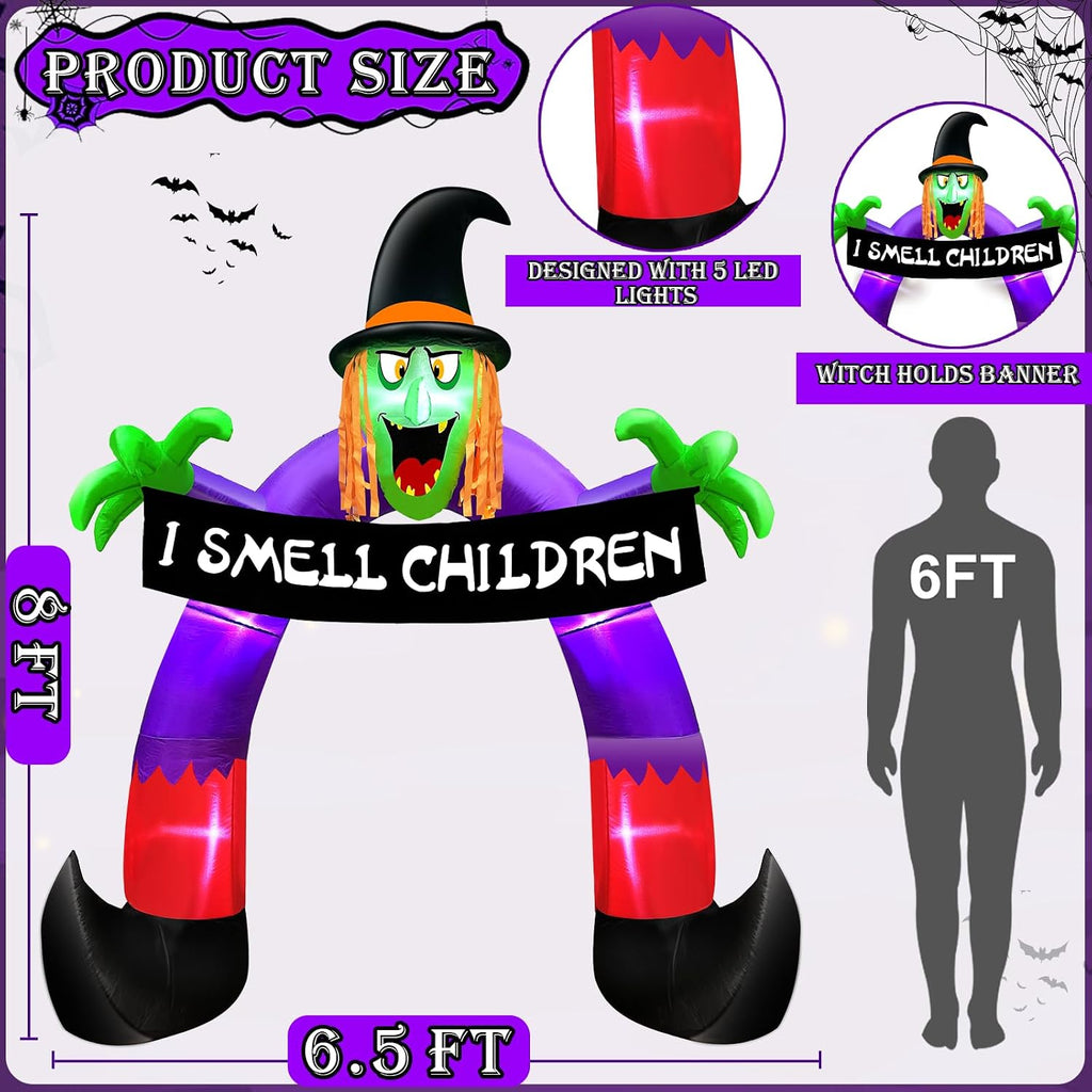 8ft halloween inflatables outdoor decorations witch holds banner shown in use