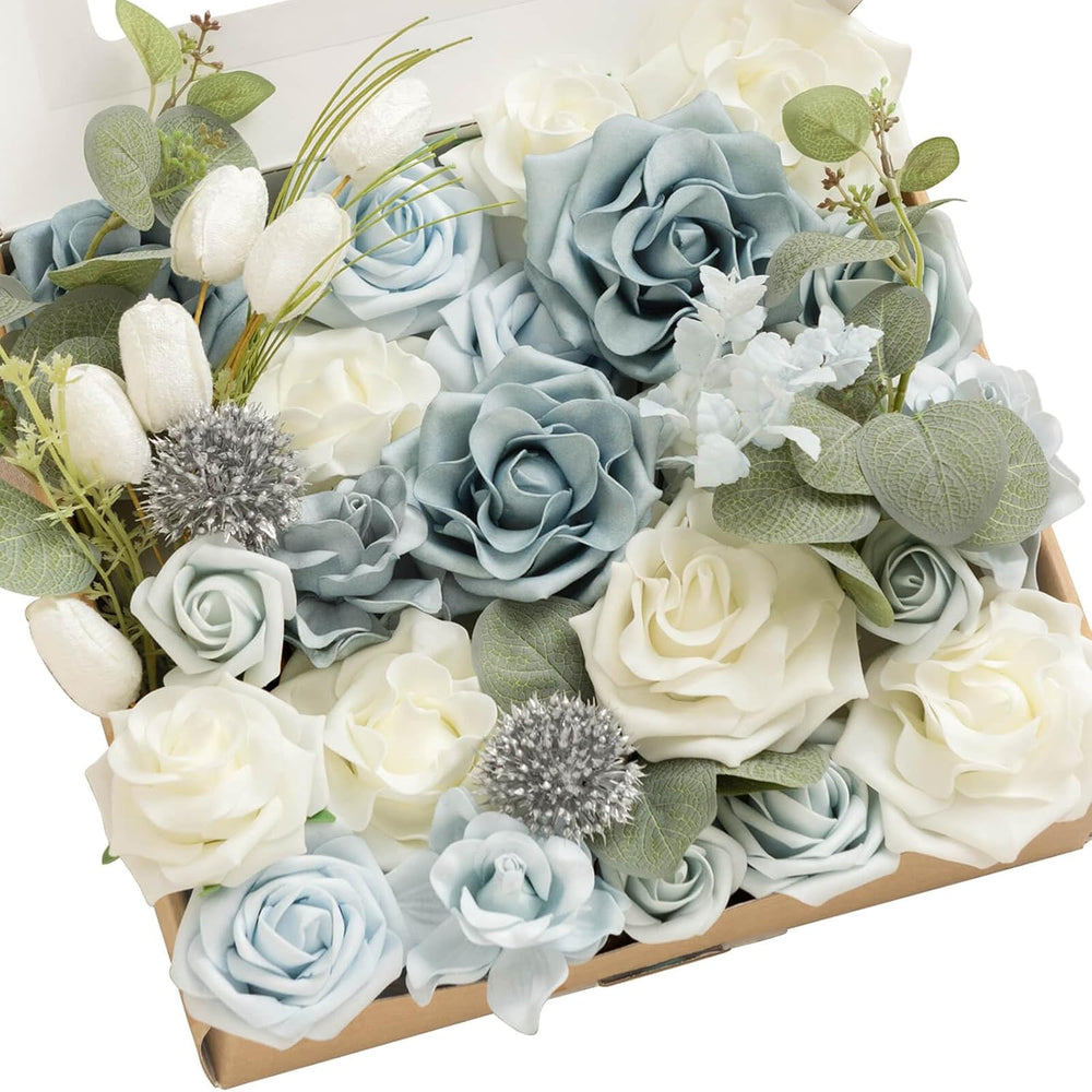 Ling's moment Artificial Wedding Flowers Combo, Dusty Blue & White, G...