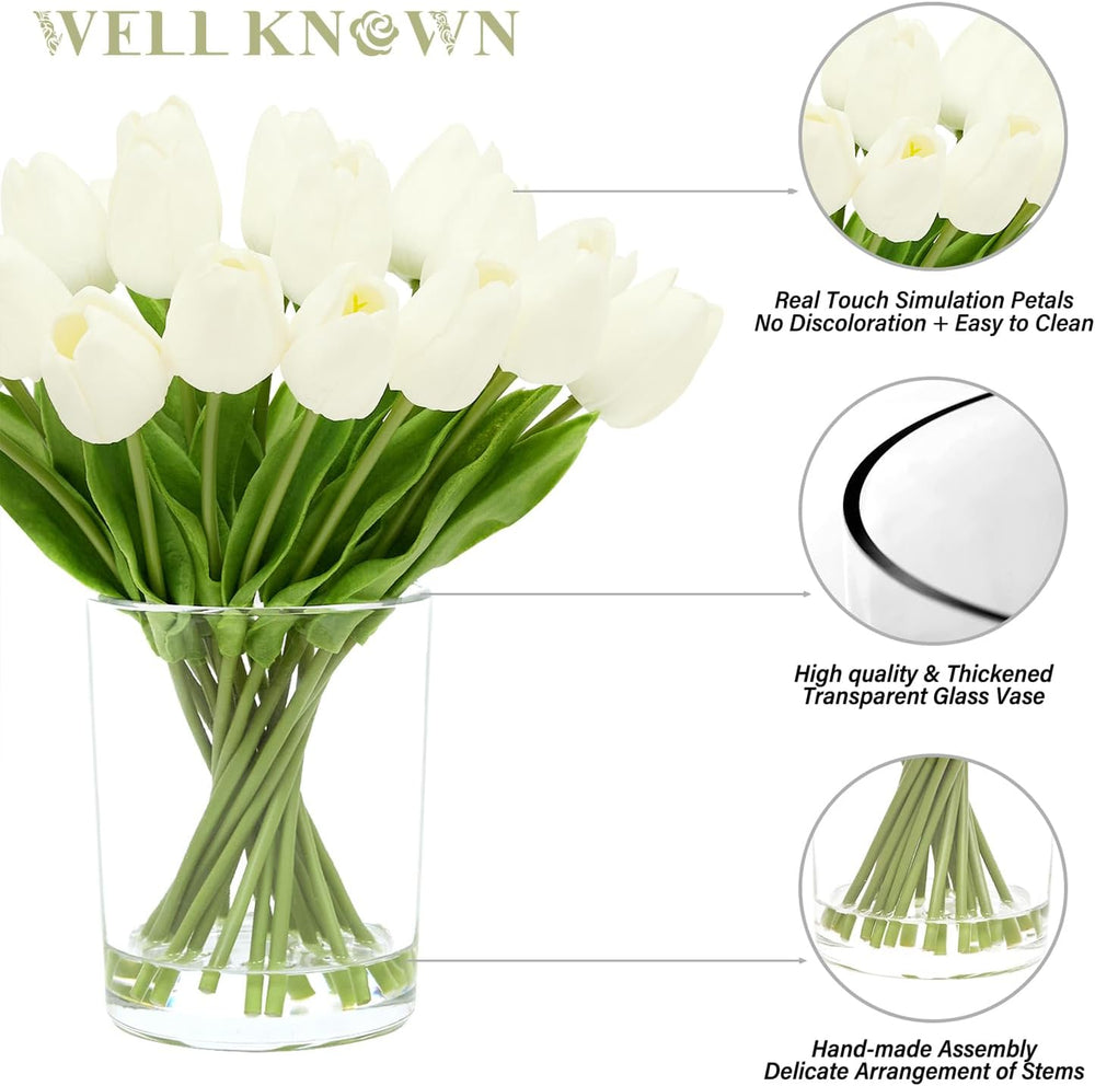 WELL KNOWN 20 Pcs White Tulips Artificial Flowers in Vase with Fake Water