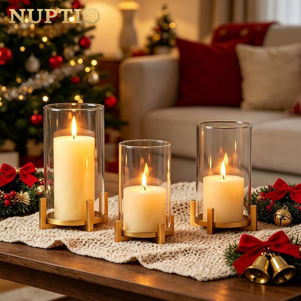 NUPTIO Gold Pillar Candle Holder: Hurricane Glass Candle Stands with Sleeve