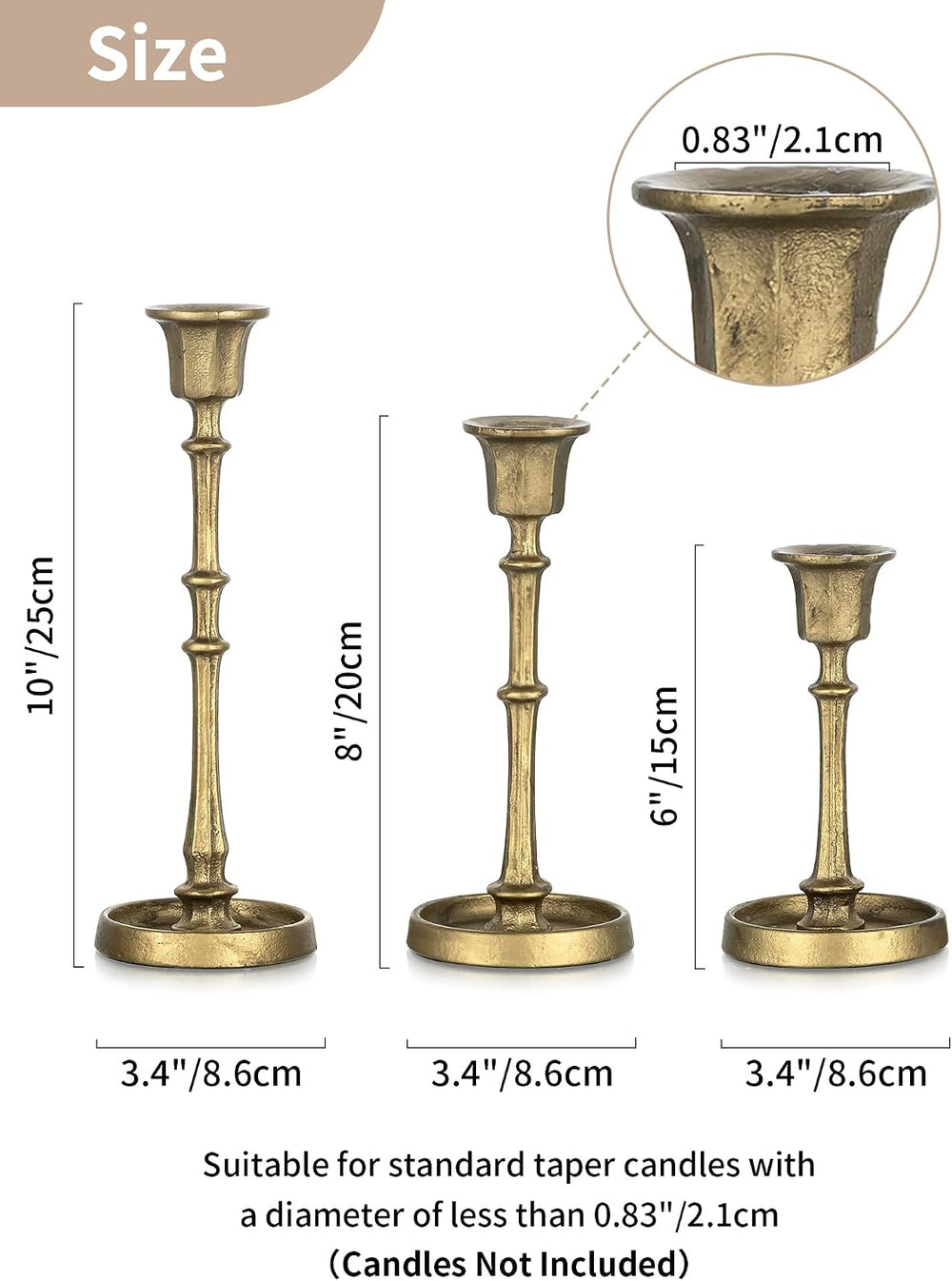 NUPTIO Cast Iron Taper Candle Holders, Set of 3 Antique Brass Candlesticks