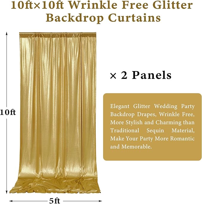 Outpain 10x10ft Gold Sequin Backdrop Curtains -Heavy Duty Gold Photography Backdrops with Non-Shedding Glitter, Wrinkle-Free Stage Drapes for Wedding/Christmas/Studio Shoots (5x10ft 2 Panels)