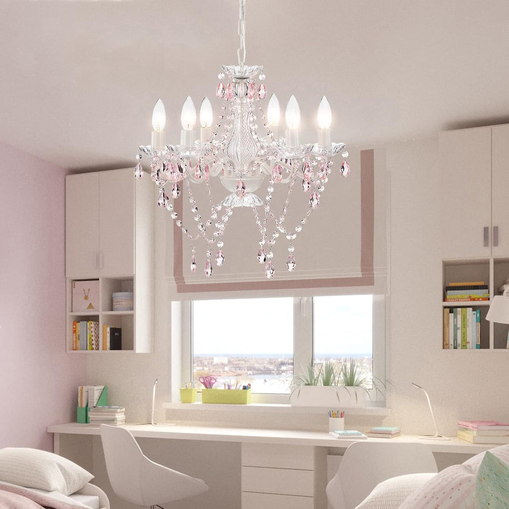 Mr.Color White Chandeliers Pink Crystal Chandelier Lighting Fixture 6 Light C...