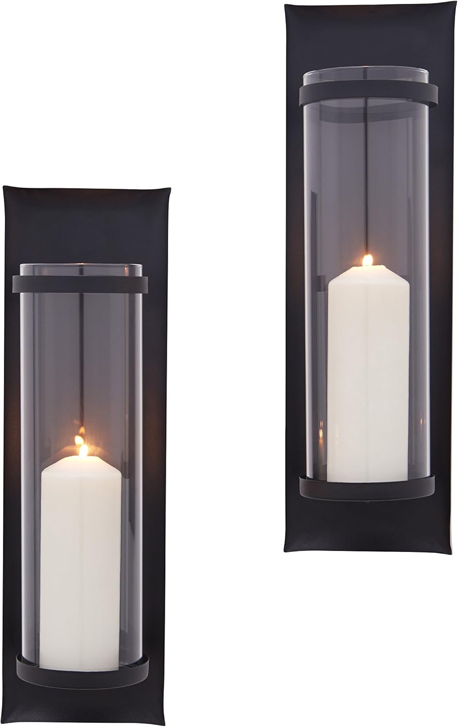 Danya B Metal Pillar Candle Sconces with Glass Inserts - A Wrought Iron Recta...