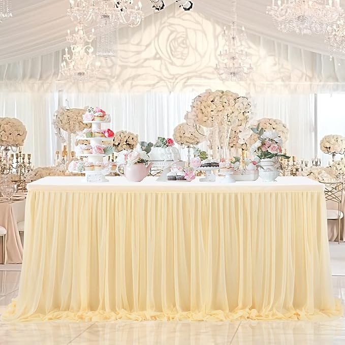 14ft Champagne Table Skirt Tulle Wedding Table Cloth Elegant Tutu Table Skirt Cover for Birthday Party Baby Shower Dessert Buffet Banquet Table Decorations