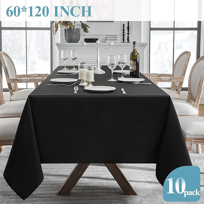VidaFete Tablecloth 60 * 120inch 10pack Rectangle Table Cloth Polyester, Stain Wrinkle Resistant Dining Table Cover for Kitchen Dinning Party Wedding Rectangular Tabletop Buffet Decoration(Black)