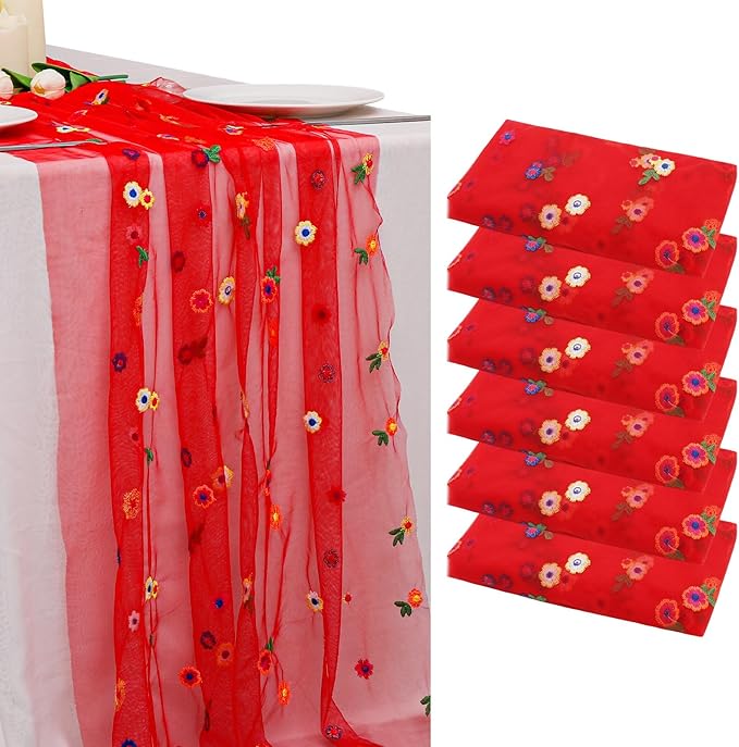 BINBE 6pcs Daisy Fall Table Runner Embroidery Gauze 10FT Florals Seasonal Tulle Holiday Birthday Kitchen Dining Table Decor for Home Party Red