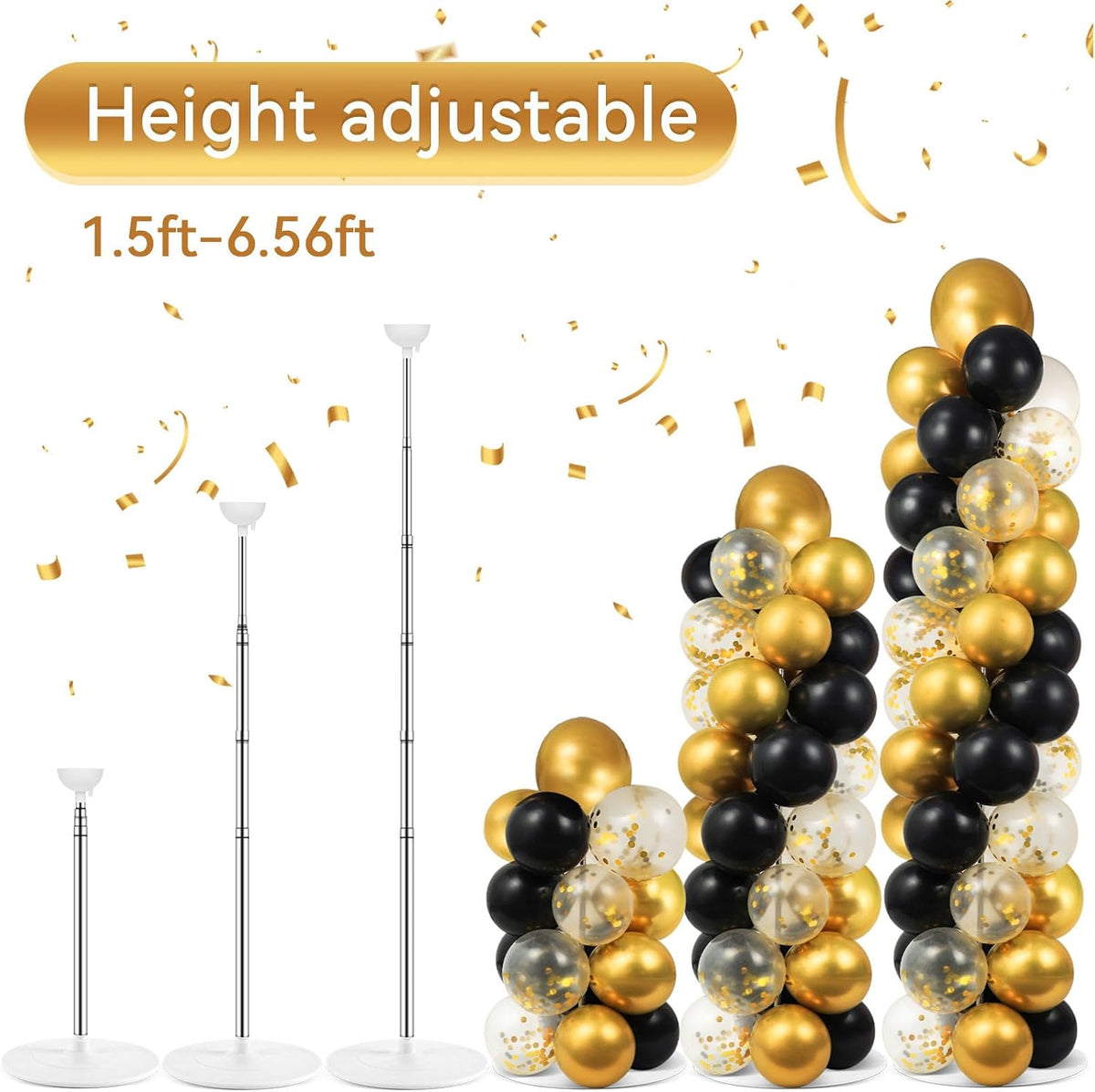 2 Sets Adjustable Balloon Column Stand Kit with Bases（Black & Gold）