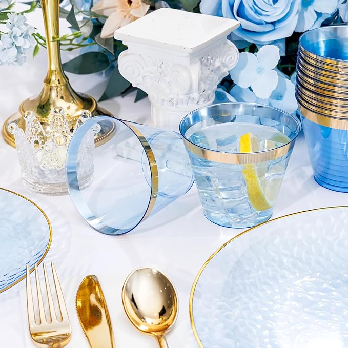 Rubtlamp 350 Pcs Clear Blue Plastic Plates, Blue Gold Plastic Dinnerware Set (50 Guests), Blue Disposable Plates With Gold Rim, Hammered Party Plates Set for Christmas Wedding And Party