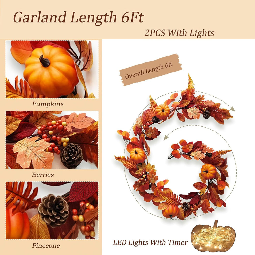 2 Pcs 6Ft Fall Garland with Lights Fall Decorations for Home Fake Pumpkin