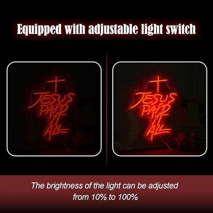 Jesus Paid It All Neon Sign Red Cross Neon Light for Wall Decor Dimmable Jesus Cross LED Light Up Sign for Christian Church Christams Home Wedding Decor Birthday Gifts(16.7 * 12.8In)