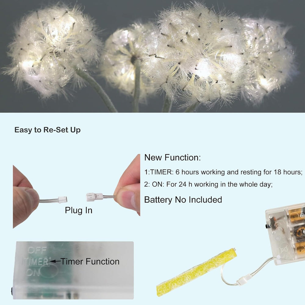 TOPIA 4 Pack Lighted Artificial Dandelion Flowers, Oversized 4.5-Inch Faux Wi...