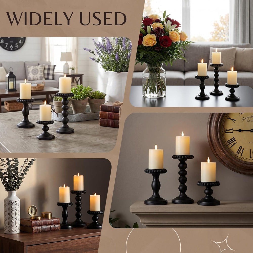 Mumufy 3 Set Wooden Candle Holders for Pillar Candles, Black, Small