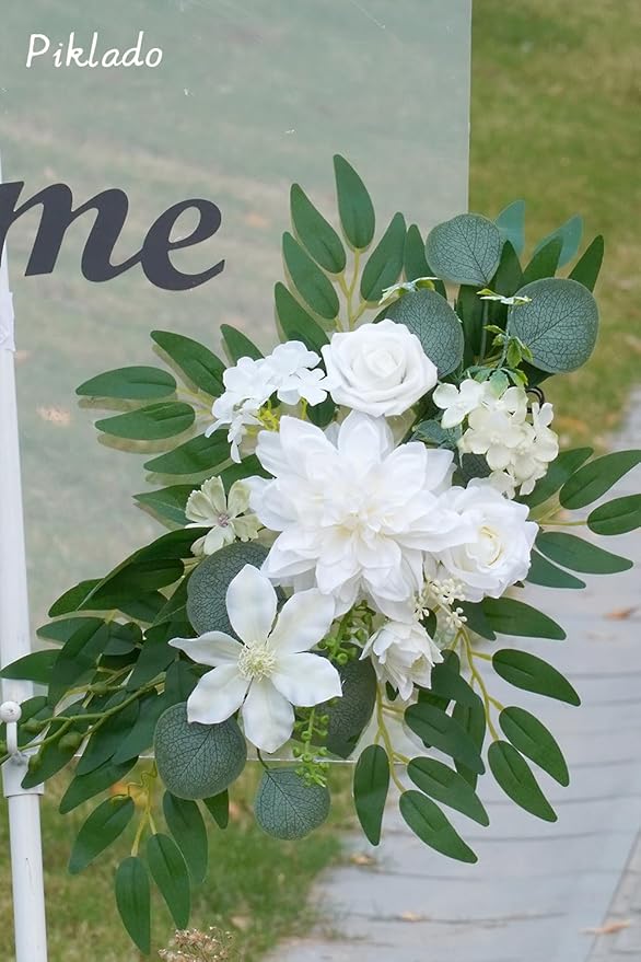 Faux Flower Swag Set of 2 for Wedding Welcome Signs Floral Swag Wedding Reception Ceremony Signs Decor (White & Green)