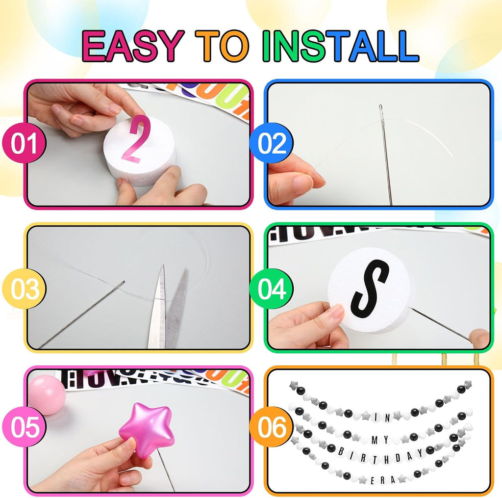 DIY Giant Friendship Bracelet Birthday Garland Kit with Letters Ball Customizable Banner for Christmas Wedding Kpop New Year Party Decorations Ball Plastic Balls Stars DIY Supplies(Black/Gray/White)