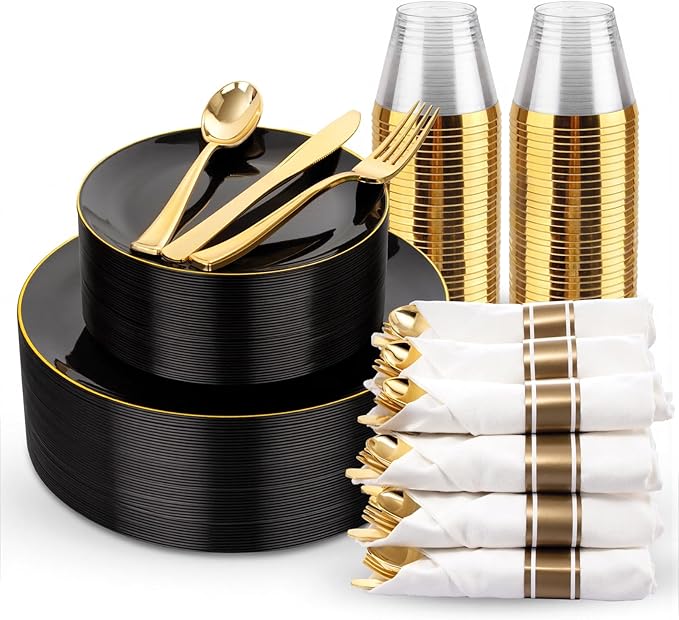 KIRE 175Pcs Black Plates Disposable - Heavy Duty Black and Gold Plastic Plates- 25 for Dinner 25 for Dessert 25 Pre Rolled Gold Silverware and 25 Cups for Birthday Party/Halloween/New Year