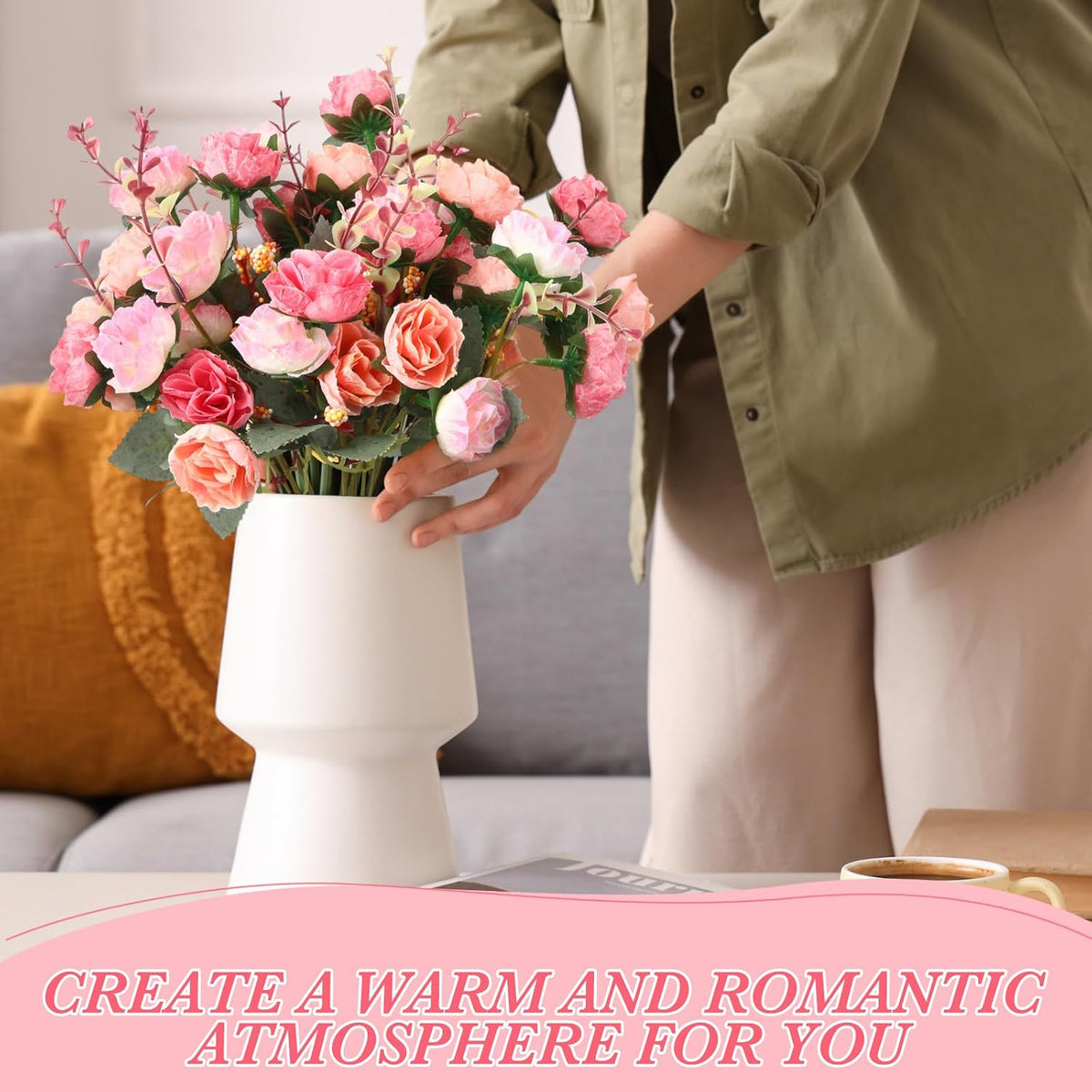Geosar 16 Pcs Artificial Rose Flowers Bouquets 21 Heads Each, Pink