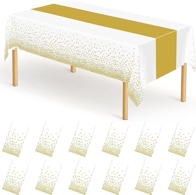 QZYL 12Pack Table Cloth Rectangle Tables, 54" x 108" Disposable Party White Table Cloths with Gold Dot, Waterproof Table Covers for Birthday Outdoor Wedding New Year Eve Birthday Decorations Supplies