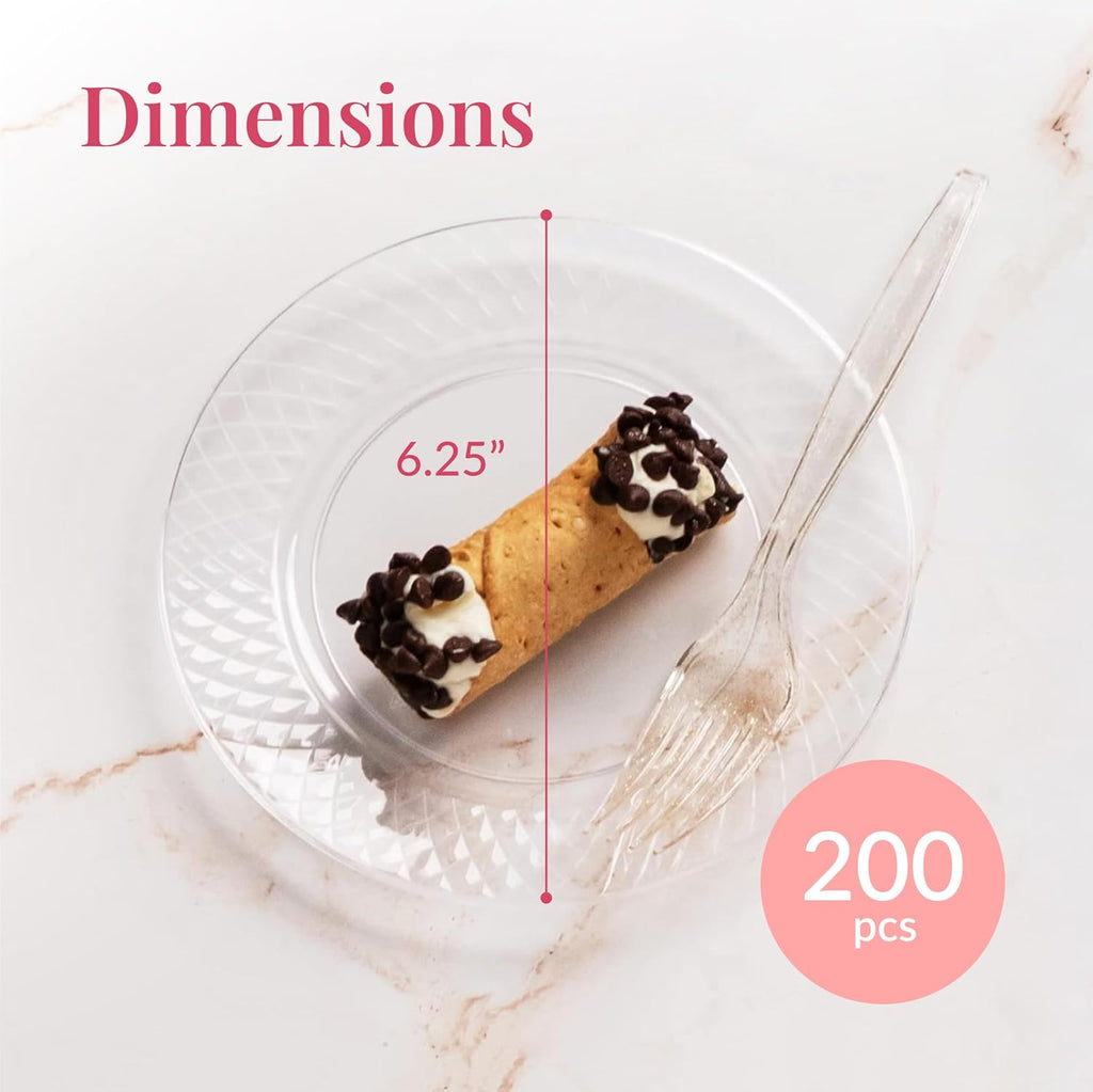 prestee 200 clear dessert plates - disposable heavy, close-up detail