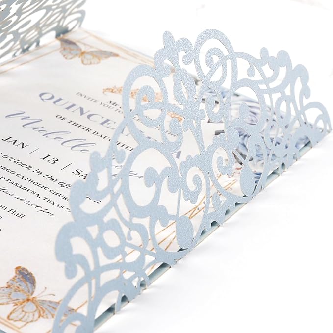 50pcs Laser Cut Wedding Invitation Pockets 5x7 '' Dusty Blue Wedding Invitations Kit With Envelopes Blank Inner Sheet and Ribbon for Wedding Bridal Shower Quinceanera Engagement Party Invite