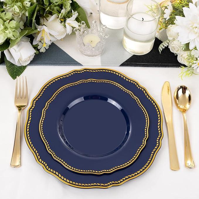 Hioasis 60pcs Blue Plastic Plates - Blue and Gold Disposable Dinnerware with Gold Rim, Heavy-duty, 10.25 inch, Dinner Plates for Party & Wedding