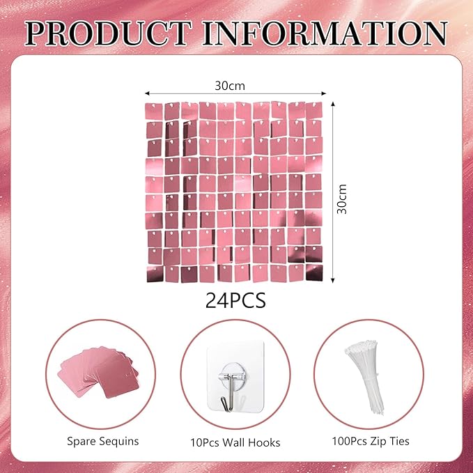 24PCS Pink Shimmer Wall Backdrop, Square Sequin Photo Backdrops Panel, Glitter Wall Background for Birthdays, Weddings, Graduation, Engagements, Disco Bachelorette Party Decoration (4FTx6FT)